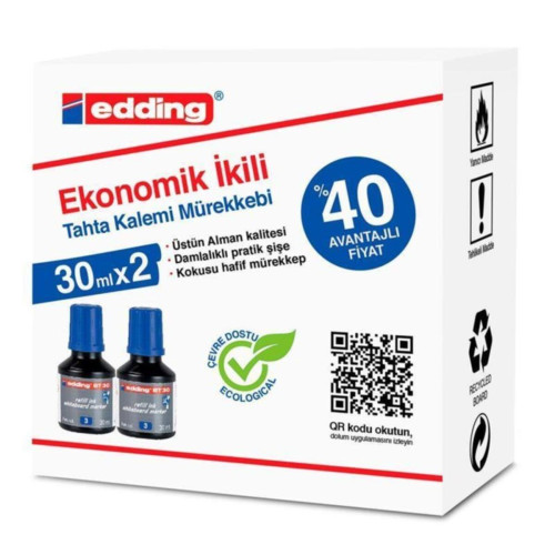 Edding Tahta Kalem Mürekkebi Damlalıklı Ekonomik 30 ml Mavi (2 Li Paket)