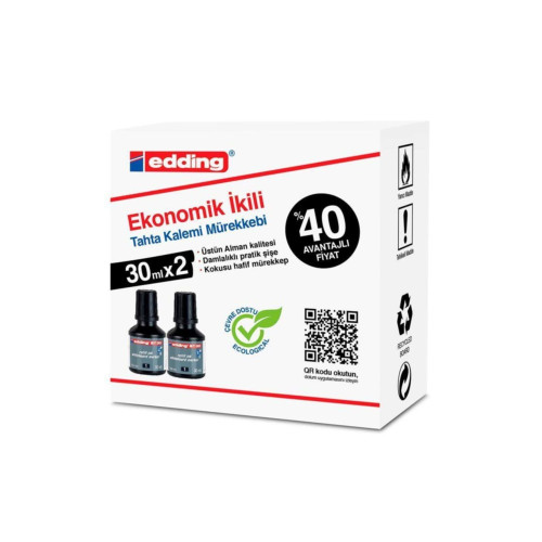 Edding Tahta Kalem Mürekkebi Damlalıklı Ekonomik 30 ML Siyah 2 Li (2 Li Paket)