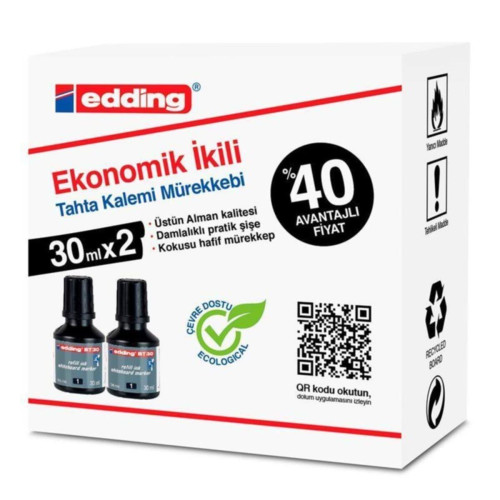 Edding Tahta Kalem Mürekkebi Damlalıklı Ekonomik 30 ML Siyah 2 Li (2 Li Paket)