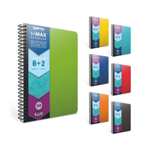 Gıpta Spiralli Defter Trımax Plastik Kapak 8+2 Seperatörlü Kareli-Çizgili 200 YP A4 2405