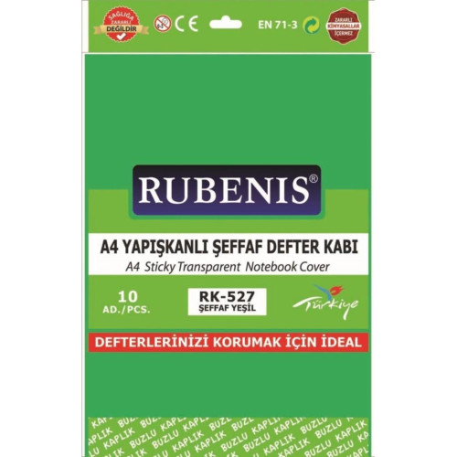 Rubenis Hazır Kaplık Defter Kabı Yapışkanlı 10 Lu A4 Şeffaf Yeşil