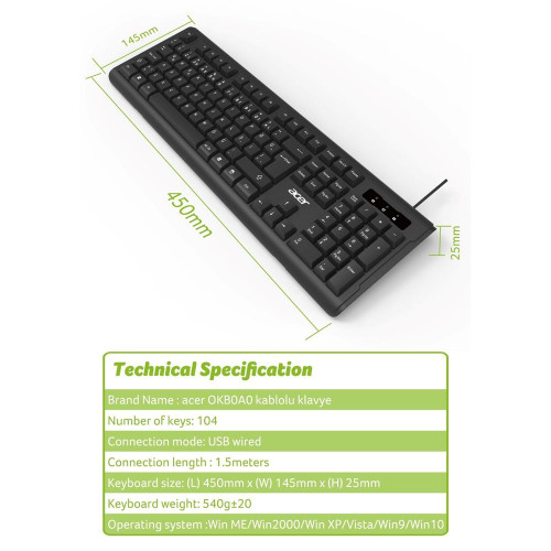 Acer Siyah Kablolu Sessiz Tuşlu Klavye Caps Lock Kablo Uzunluğu 150 CM