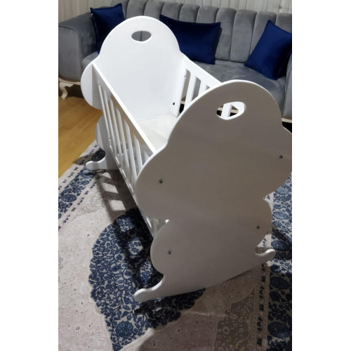 Ahşap Anne Yanı Doğal Sallanır Beşik %100 MDF Beyaz Lake