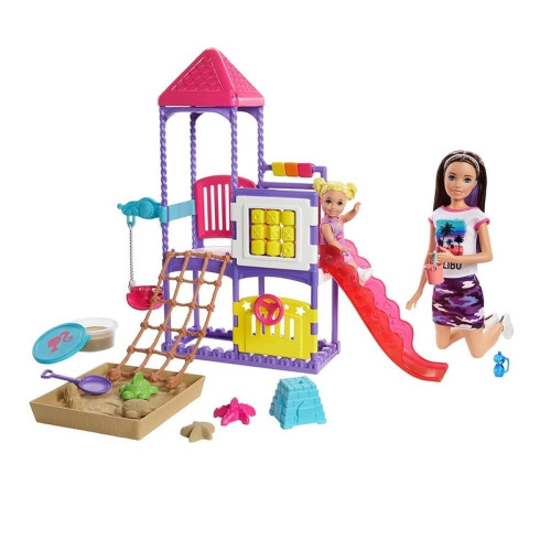 Barbie Bebek Bakıcısı Skipper ve Oyun Parkındaki Bebekleri Seti Salıncaklı Kaydıraklı Kum Havuzlu