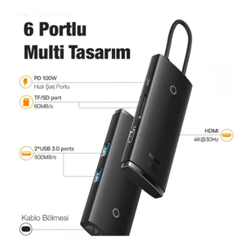 Baseus WKQX050101 Örgülü Kablo Type-C 6ın1 Hub (2Usb 3.0 -Hdmı-Sd-TF-Type-C)
