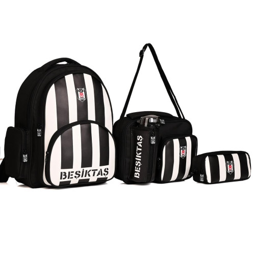 Beşiktaş Lisanslı Çubuklu Forma Desenli İlkokul Çanta Seti 4 Lü Set