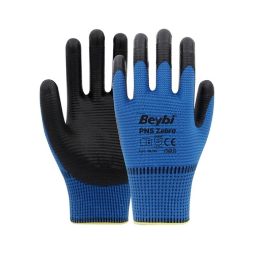 Beybi Nitril PN5 Zebra Mavi Siyah10 Beden 12 Li Paket EN388 Nitril Eldiven
