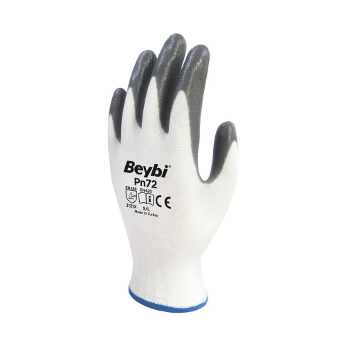 Beybi Nitril Poly PN72 9 Beden Beyaz Gri Eldiven 12 Li Paket