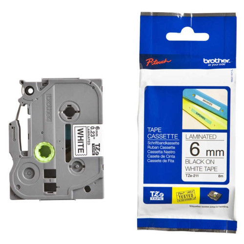 Brother TZE-211 6 mm Beyaz Üzeri Siyah Laminasyonlu Etiket