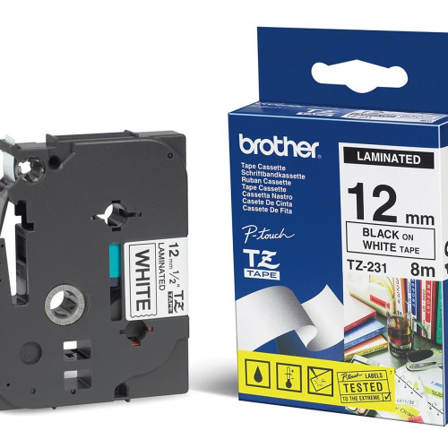 Brother TZE-231 12 mm Beyaz Üzeri Siyah Laminasyonlu Etiket