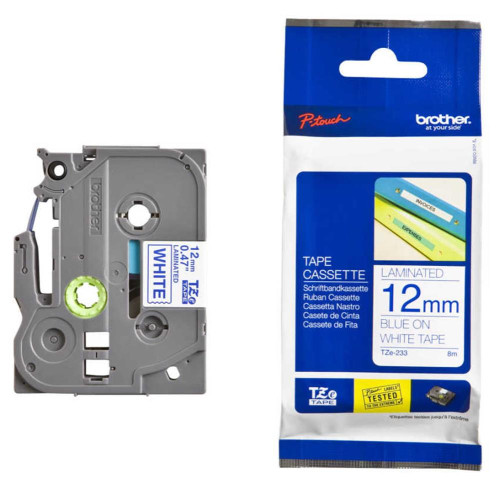 Brother TZE-233 12 mm Beyaz Üzeri Mavi Laminasyonlu Etiket