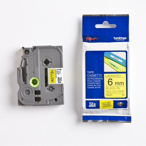 Brother TZE-611 6 mm Sarı Üzeri Siyah Laminasyonlu Etiket