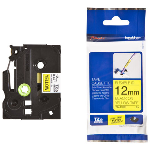 Brother TZE-FX631 12 mm Sarı Üzeri Siyah Esnek Laminasyonlu Etiket