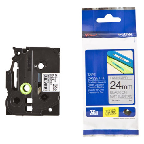Brother TZE-M951 24 mm Mat Gümüş Üzeri Siyah Laminasyonlu Etiket