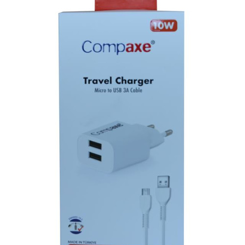 Compaxe CTA-521DMU 5v 2.1a 10W 2USB 1Mt Usb 3.0 Ev şarj+ Mikro Şarj Kablosu