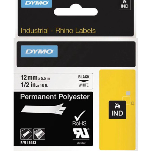 Dymo Rhino Pro Etiketi Plastik Sabit 12 MM x 5.5 Metre Beyaz Üzerine Siyah 18483