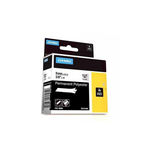 Dymo RhinoPRO Sabit Polyester Şerit 9mm x 5.5metre Şeffaf/Siyah