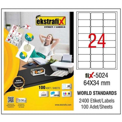Ekstrafix Laser Etiket 64 x 34 MM Lazer Yazıcı Etiketi 100 Yaprak