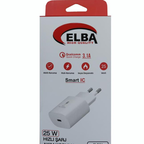 Elba ELB42 Beyaz 25W Şarj Kafa+ İphone Kablo USB-C PD3.0-QC4.0(Akım Koruma-Hızlı Şarj-)