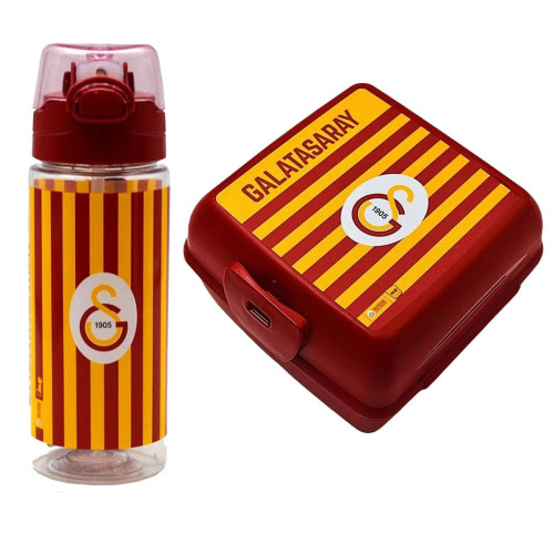 Galatasaray Çizgili Forma Desenli Plastik Matara 500 ML + Beslenme Kabı 4 Bölmeli Çatal Kaşıklı