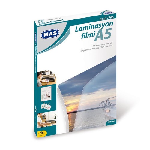 Mas Laminasyon Filmi Parlak A5 125 Micron Parlak Laminasyon Filmi 100 Lü Paket