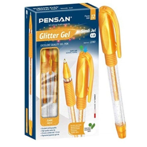 Pensan Altın Sarısı Simli Jel Tükenmez Kalem Jel Simli 1.0 MM Altın (12 Li Paket)
