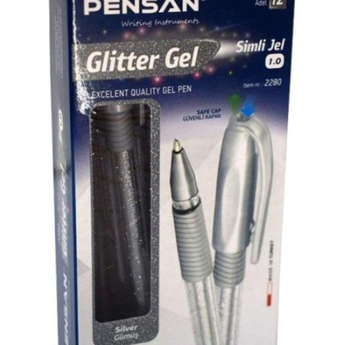 Pensan Gümüş Simli Jel Tükenmez Kalem Jel Simli 1.0 MM Gümüş (12 Li Paket)