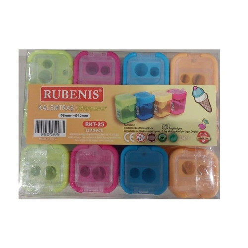 Rubenis Kalemtıraş 4 Renkli Şeffaf Kapak Çift Açacak Kare Kalemtraş (12 Li Paket)