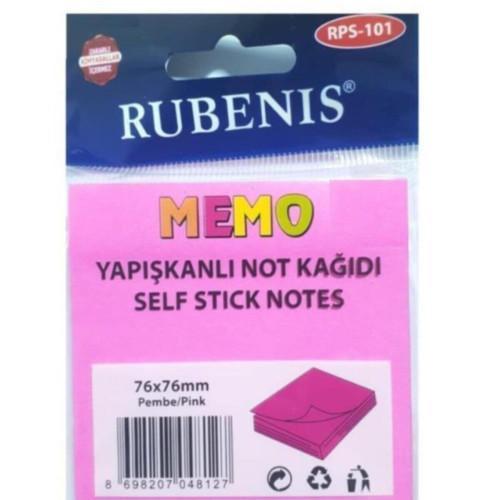 Rubenis Yapışkanlı Not Kağıdı 76x76 MM Fosforlu Pembe
