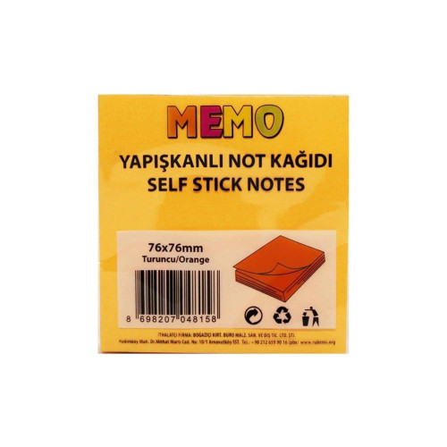 Rubenis Yapışkanlı Not Kağıdı 76x76 MM Fosforlu Turuncu (12 Li Paket)