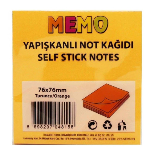 Rubenis Yapışkanlı Not Kağıdı 76x76 MM Fosforlu Turuncu (12 Li Paket)