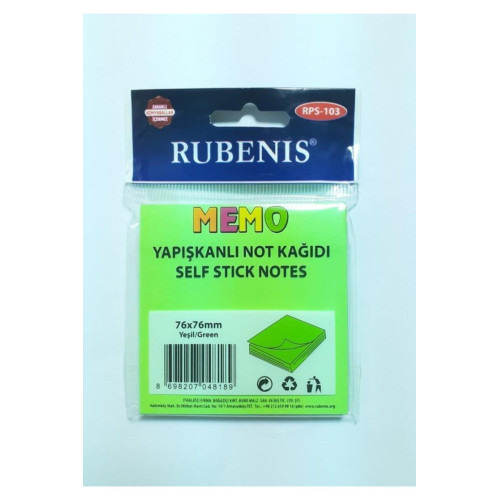 Rubenis Yapışkanlı Not Kağıdı 76x76 MM Fosforlu Yeşil
