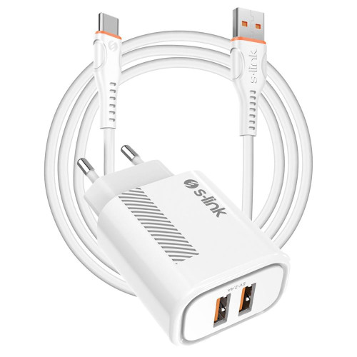 S-link 5V 2400MA Type-C Kablolu 2 USB Çıkışlı Beyaz Ev Şarj Adaptörü