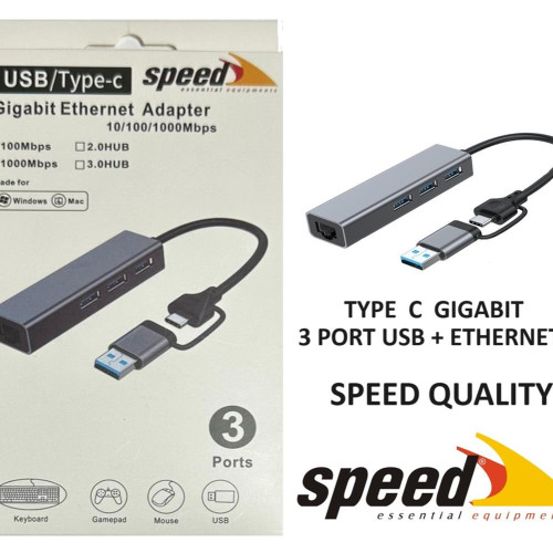 Speed UET01 10-100-1000 USB - Type c 3 Port USB 3.0 Çoklayıcı Gigabit Ethernet Çevirici