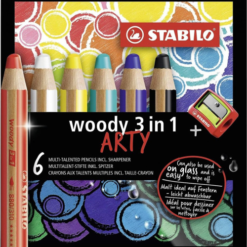 Stabilo Woody Arty 3ü 1 Arada Mum Boya - Kuru Boya - Sulu Boya 6 Renk + Kalemtıraş