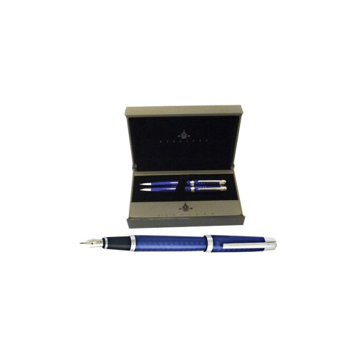 Steel Pen Takım Kalem Dolma Kalem + Tükenmez Kalem Set Mavi Lake Krom