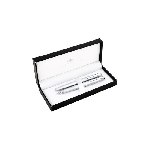 Steel Pen Takım Kalem Dolma + Tükenmez Kalem Desenli Krom Kalem Seti
