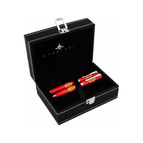Steel Pen Takım Kalem Dolma + Tükenmez Lüks Kutulu Lake Sarı Kırmızı Kalem Seti