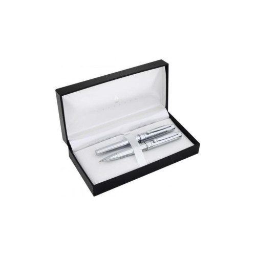 Steel Pen Takım Kalem Dolma + Tükenmez Kalem Uranus Serisi Parlak Krom Kalem Seti
