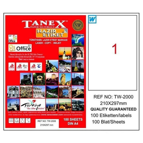 Tanex Laser Etiket 100 Yaprak 210x297 MM Lazer Etiket Düz Kenar