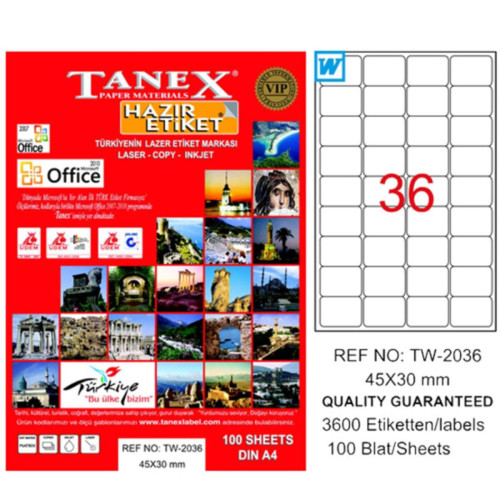 Tanex Lazer Etiket 100 Yaprak 45x30 Laser-Copy-Inkjet TW-2036 (20 Paket)