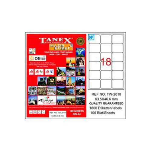 Tanex Lazer Etiket 100 Yaprak 63.5x46.6 Laser-Copy-Inkjet TW-2018 (20 Paket)