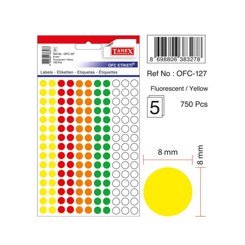 Tanex Mix Color Ofis Etiketi 8 MM Yuvarlak Ofis Etiketi 5 Yaprak (10 Lu Paket)