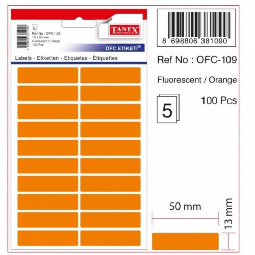 Tanex Ofis Etiketi Fosforlu Turuncu 50x13 MM Ofis Etiketi 5 Yaprak (10 Lu Paket)