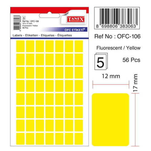 Tanex Ofis Etiketi Poşetli 12x17 Mm Fosforlu Sarı Ofis Etiketi 5 Yaprak (10 Lu Paket)