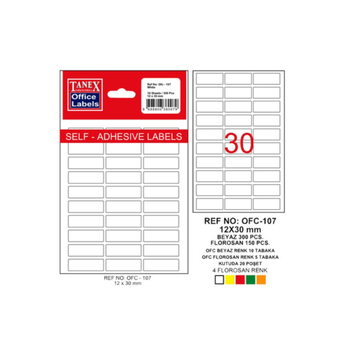 Tanex Ofis Etiketi Poşetli 12x30 MM Beyaz (10 Adet)