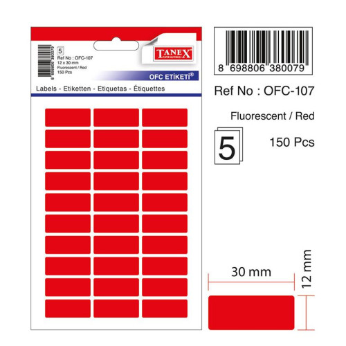 Tanex Ofis Etiketi Poşetli 12x30 Mm Fosforlu Kırmızı Ofis Etiketi 5 Yaprak (10 Lu Paket)