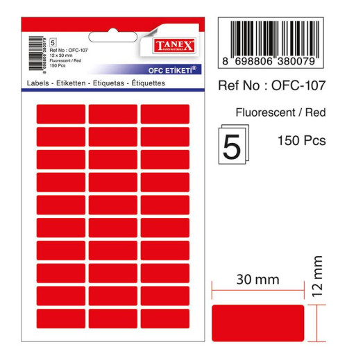 Tanex Ofis Etiketi Poşetli 12x30 Mm Fosforlu Kırmızı Ofis Etiketi 5 Yaprak (10 Lu Paket)
