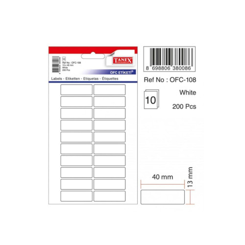Tanex Ofis Etiketi Poşetli 13x40 MM Beyaz OFC-108