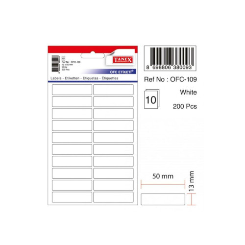 Tanex Ofis Etiketi Poşetli 13x50 MM Beyaz OFC-109 (10 Lu Paket)